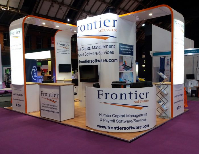 Modular exhibition stands for Frontier Software constructed using a space frame system